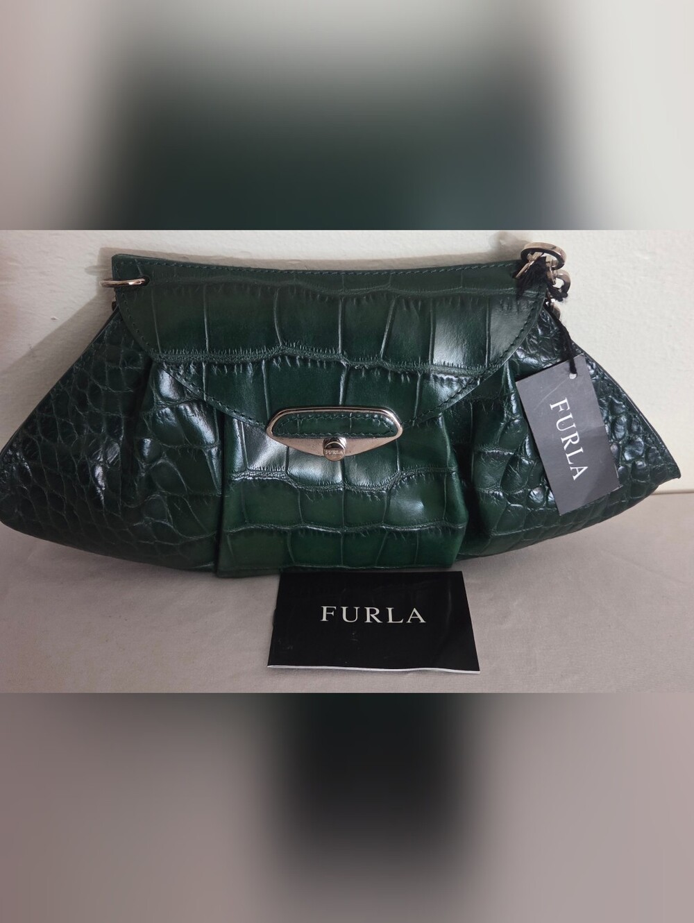 Furla Emerald Green Croc-Embossed Shoulder Bag